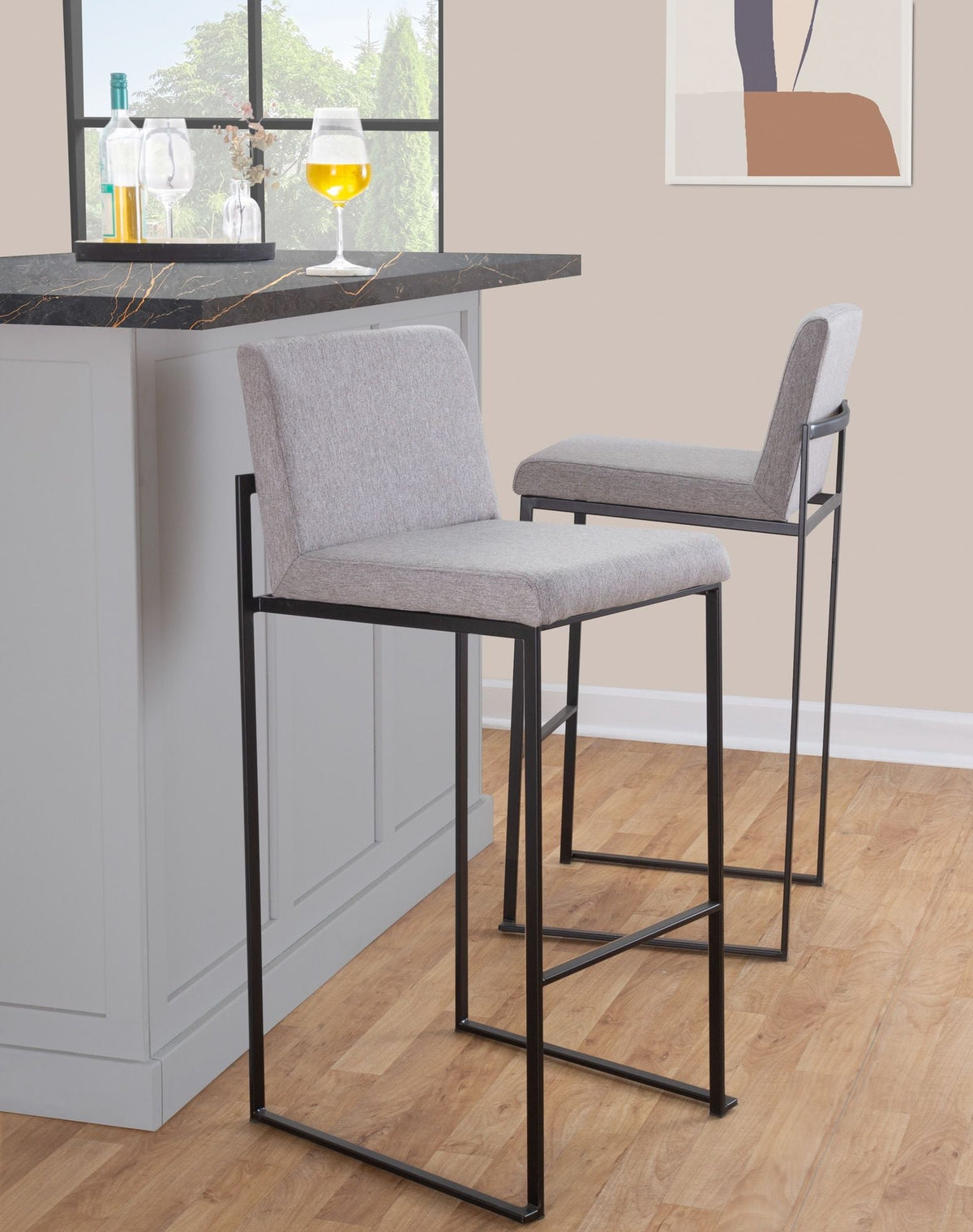 Set of 2 high back grey upholstered barstools with black metal frames on Tampa Home & Garden Store