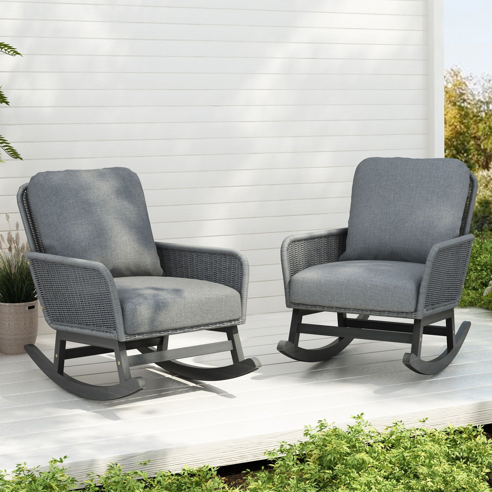 Contemporary wicker rocking chairs set with soft grey cushions and wooden frames by HouseOfZazla on Tampa Home & Garden Store