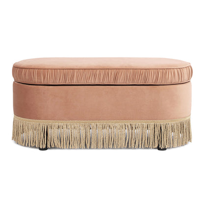 Serena oval storage bench ottoman in blush velvet with gold fringe by HouseOfZazla on Tampa Home & Garden Store