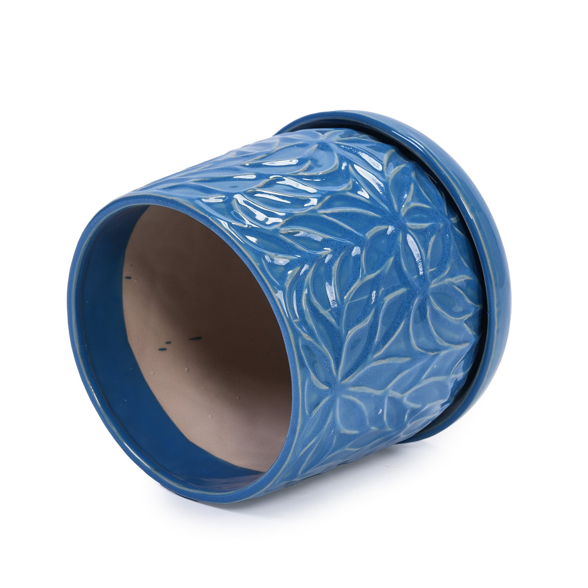 Blue ceramic flowerpot planter with embossed leaf design navy blue glaze by HouseOfZazla on Tampa Home & Garden Store