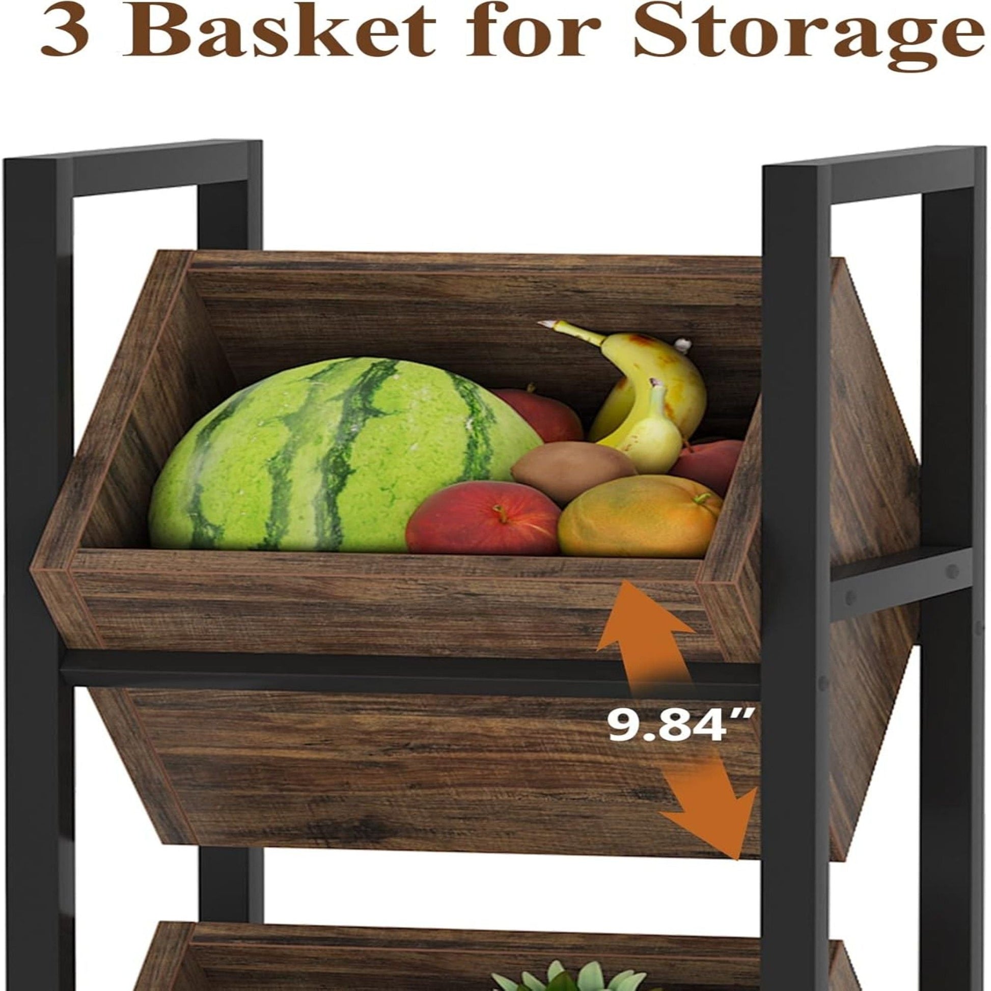3 Tier Basket Stand with angled wooden baskets, black metal frame kitchen rack HouseOfZazla on Tampa Home & Garden Store