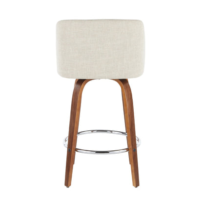 HouseOfZazla Mid-Century Modern Counter Stool with padded beige linen seat, wood curved legs, chrome footring on Tampa Home & Garden Store