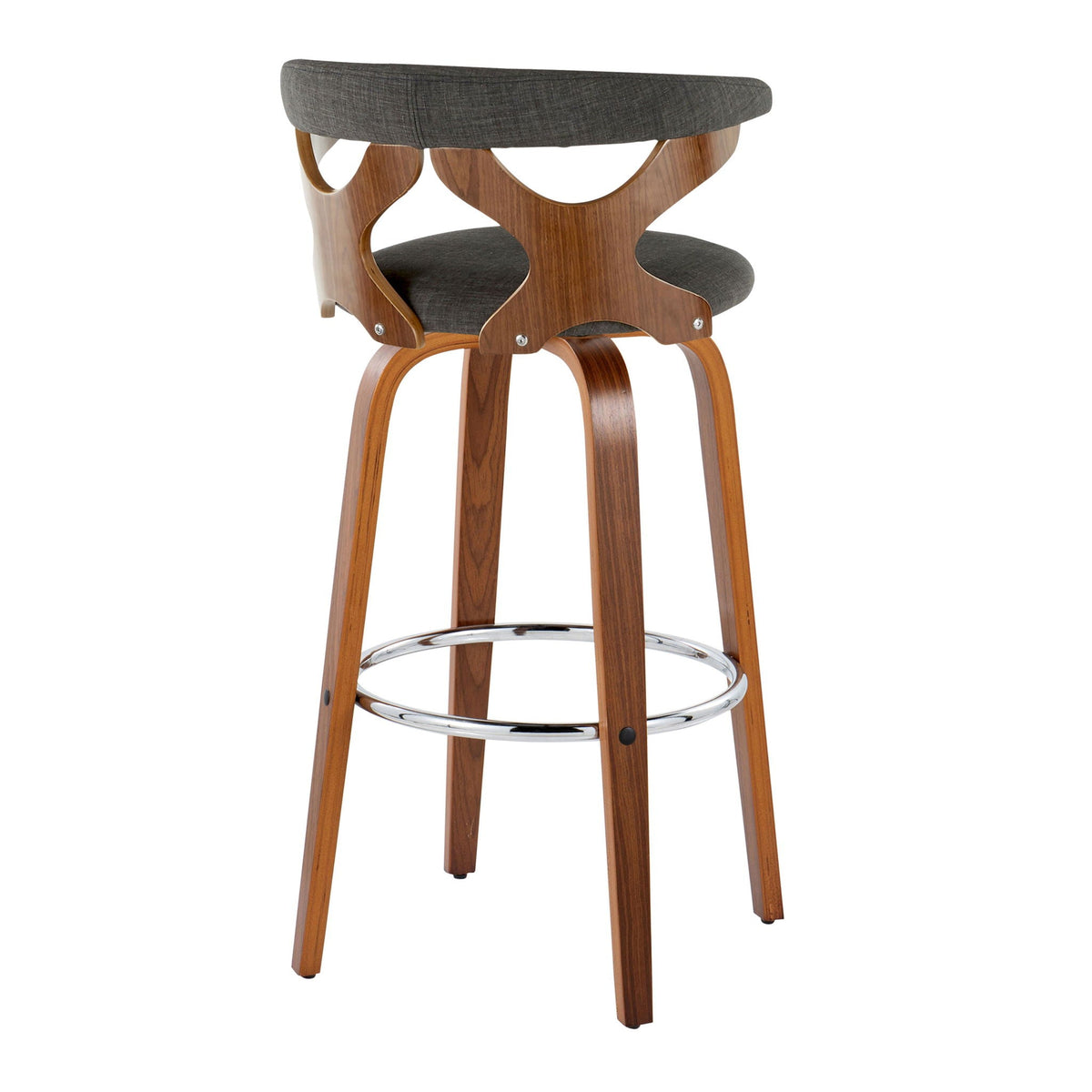Mid Century Modern swivel barstool with padded gray upholstery and curved wood frame on Tampa Home & Garden Store