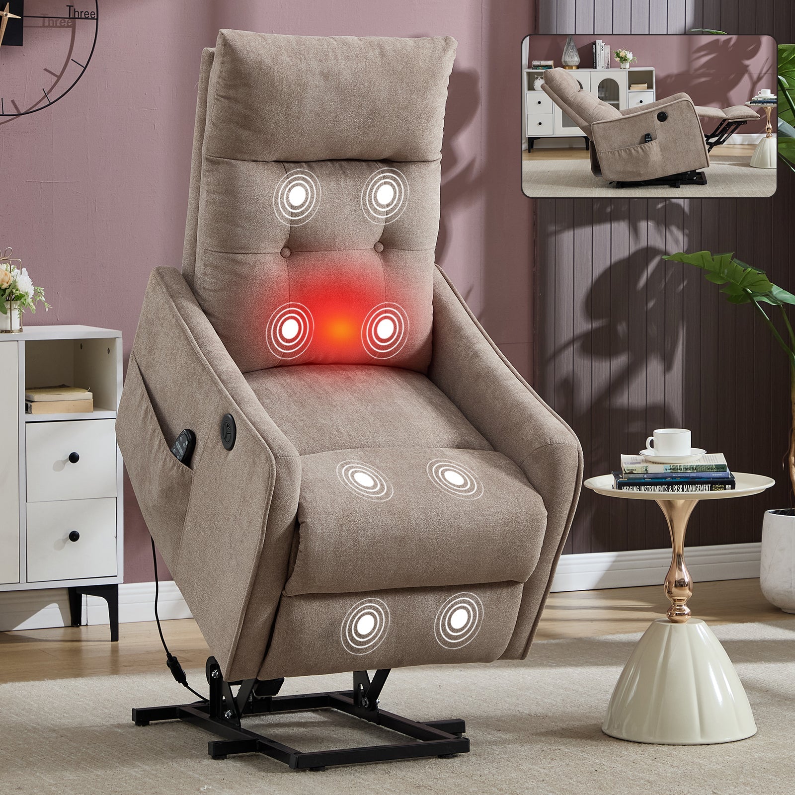 Khaki chenille power lift recliner with massage and heat on Tampa Home & Garden Store
