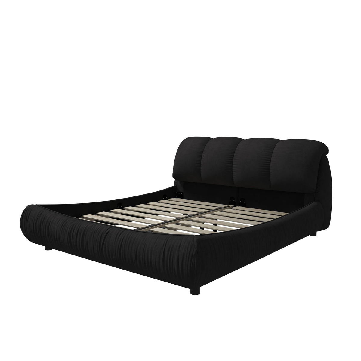 Upholstered platform bed with oversized padded backrest in black fabric, solid wood frame on Tampa Home & Garden Store