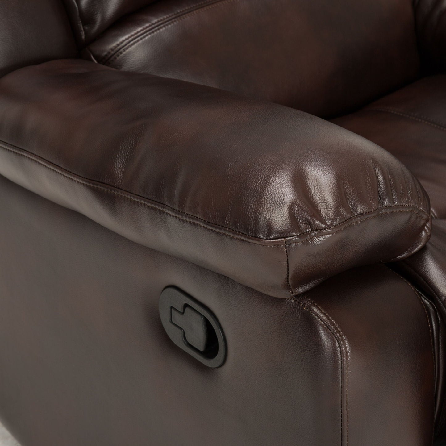 Charlotte Glider Recliner in brown leather with stitched seams and convenient side lever on Tampa Home & Garden Store