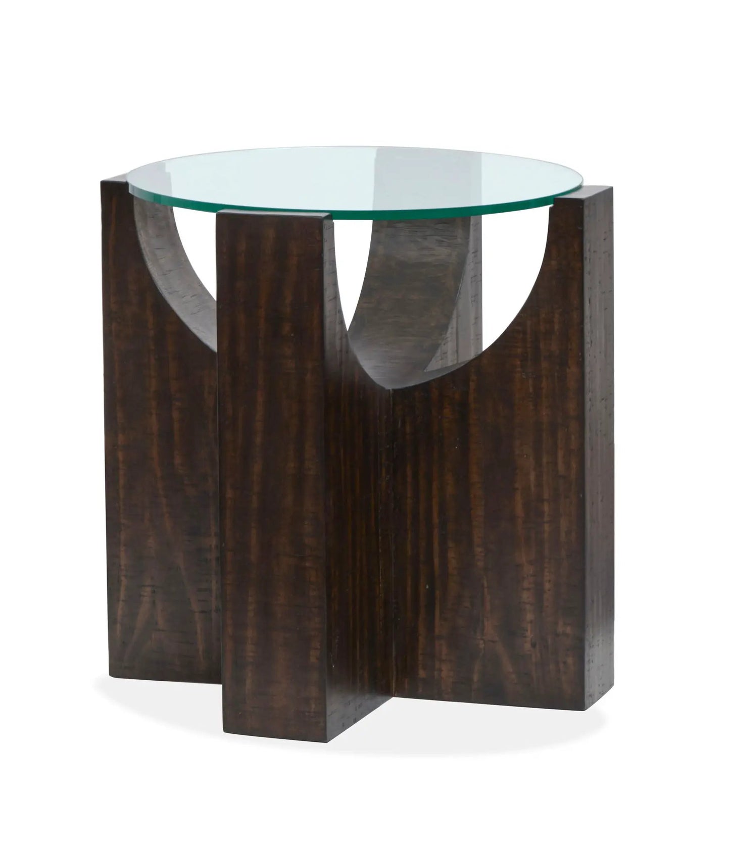 Beckham end table with round glass top and dark wood sculptural base on Tampa Home & Garden Store