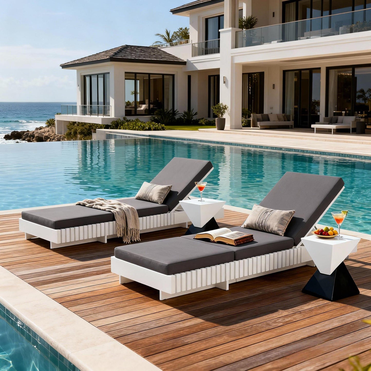 Premium White Acacia Wood Patio Chaise Lounge