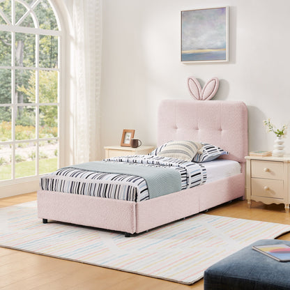Twin size kids upholstered bed with oversized pink rabbit-ear headboard HouseOfZazla in bedroom on Tampa Home & Garden Store