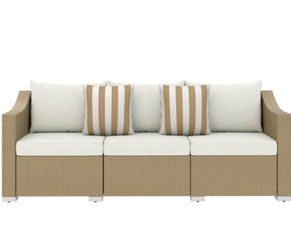 Outdoor rattan sofa set with cream cushions and striped pillows by HouseOfZazla on Tampa Home & Garden Store