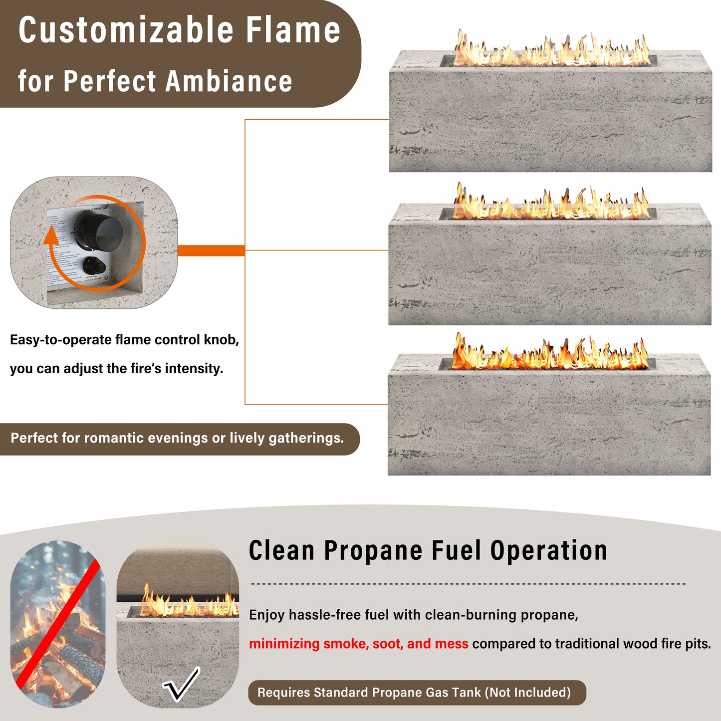 Outdoor Rectangular Propane Fire Pit for Patios