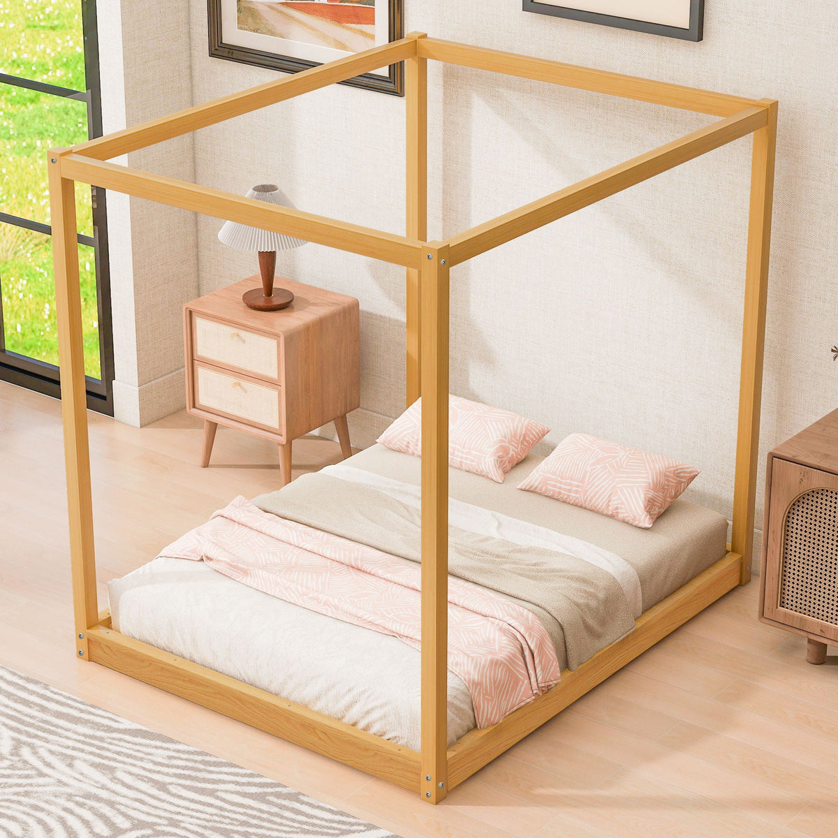 Wood canopy platform bed frame in light oak with airflow slats and support legs on Tampa Home & Garden Store