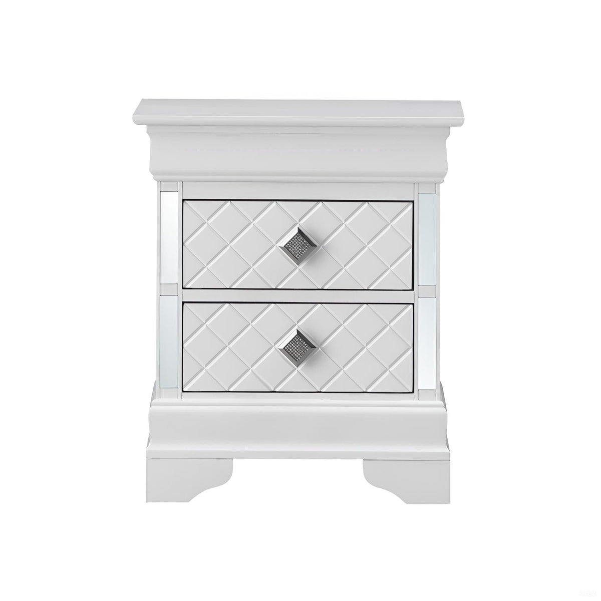 Accent nightstand with two mirrored drawers in silver champagne finish, diamond-tile fronts on Tampa Home & Garden Store
