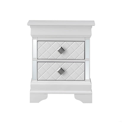 Accent nightstand with two mirrored drawers in silver champagne finish, diamond-tile fronts on Tampa Home & Garden Store