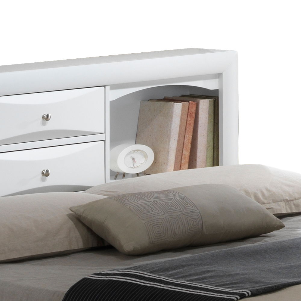 Storage bed with bookcase headboard, white shelves with books and pillows on gray bedding on Tampa Home & Garden Store