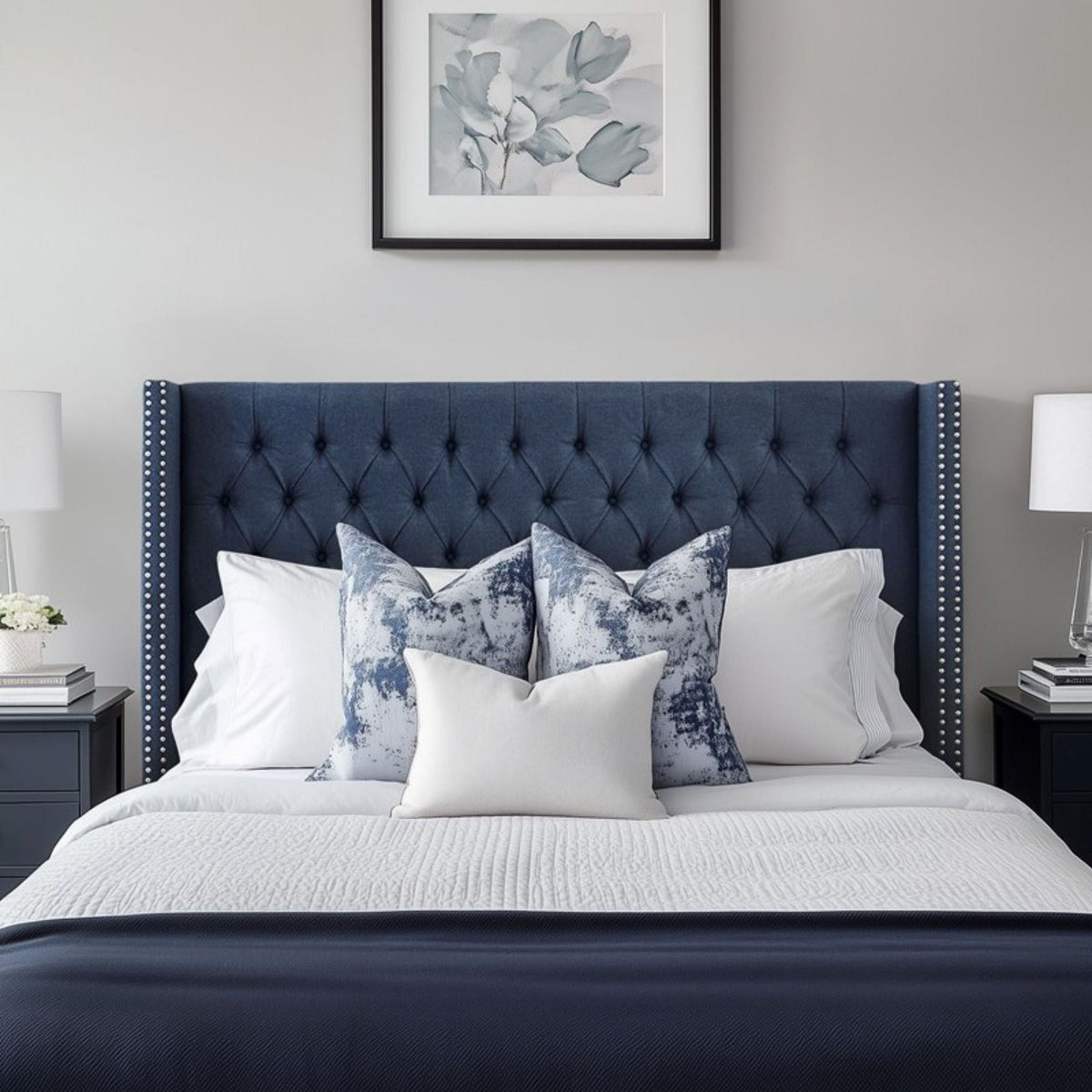 Transitional upholstered headboard with tufted buttons and nailhead trim in blue queen on Tampa Home & Garden Store