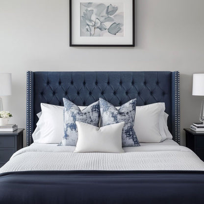 Transitional upholstered headboard with tufted buttons and nailhead trim in blue queen on Tampa Home & Garden Store