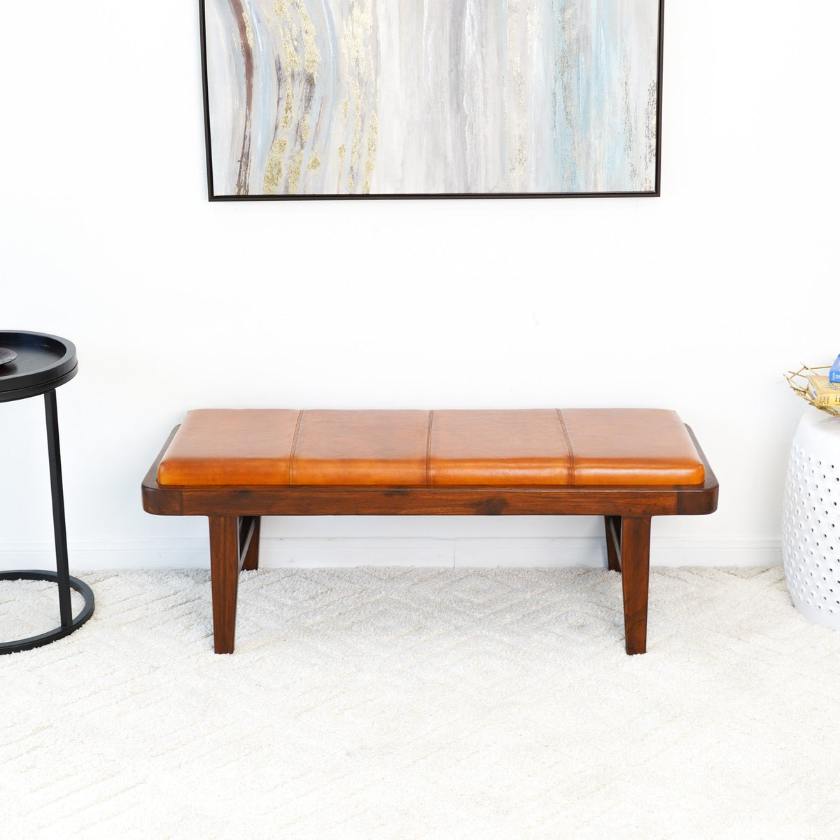 Rustic upholstered bench with tan leather cushion and dark wood legs by HouseOfZazla on Tampa Home & Garden Store