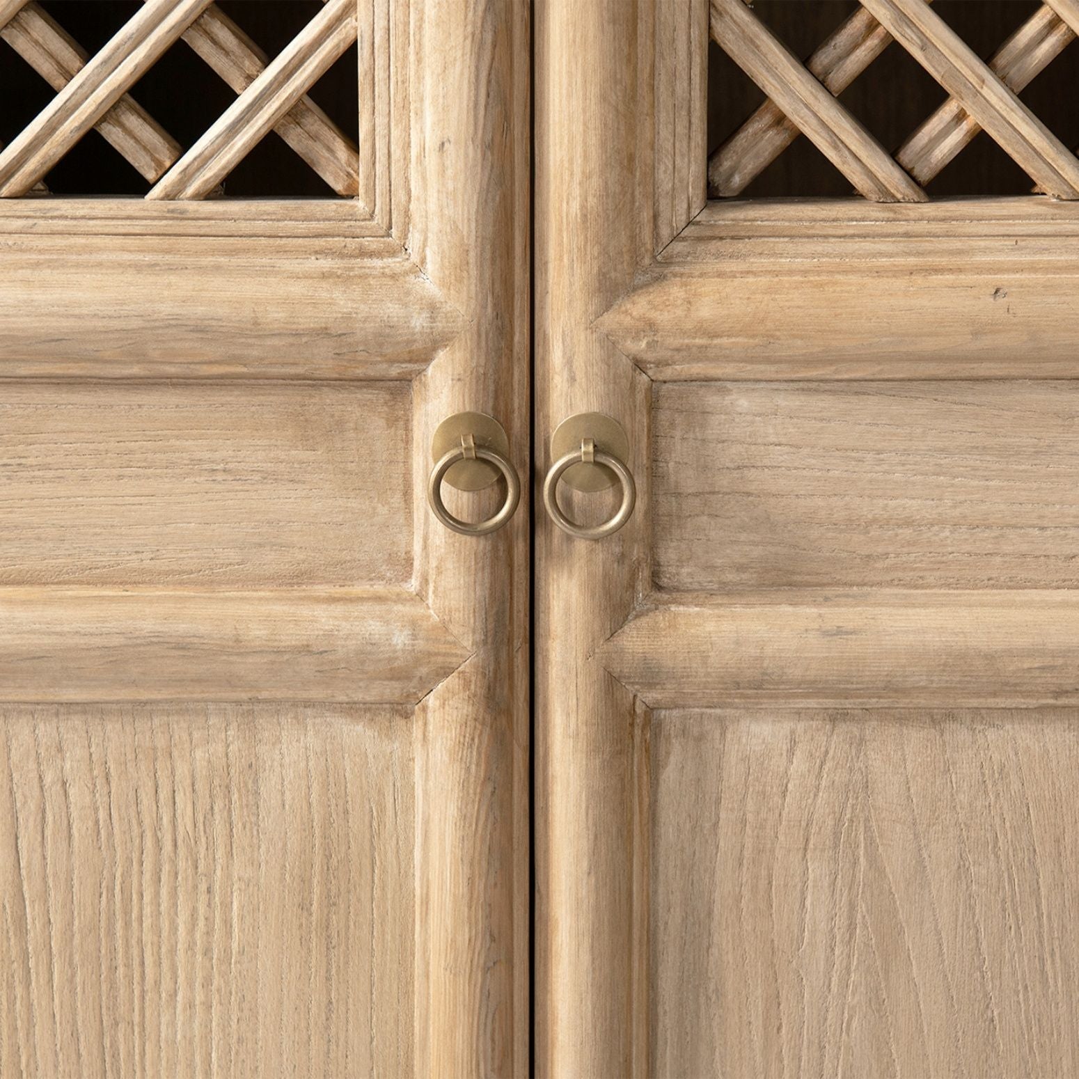 Arden 2-door bookcase natural wood accent cabinet with lattice doors and brass ring pulls on Tampa Home & Garden Store