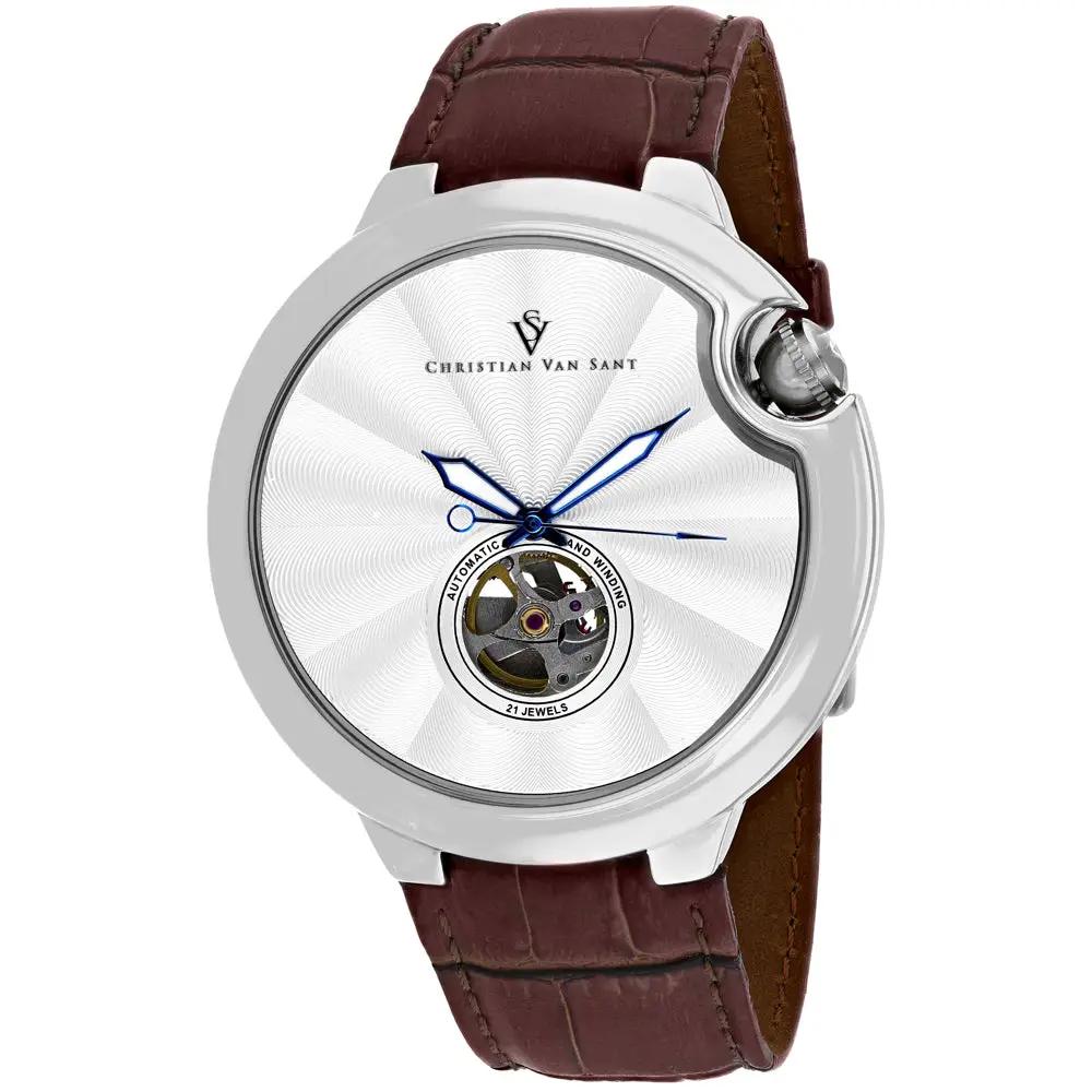 Christian Van Sant Cyclone Automatic men's watch with blue hands and brown leather strap on Tampa Home & Garden Store