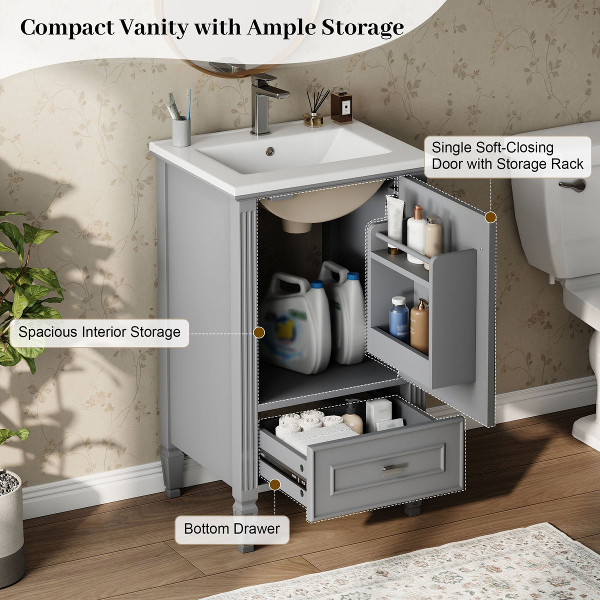 Retro bathroom vanity with sink in gray; soft-closing doors, ample interior storage on Tampa Home & Garden Store