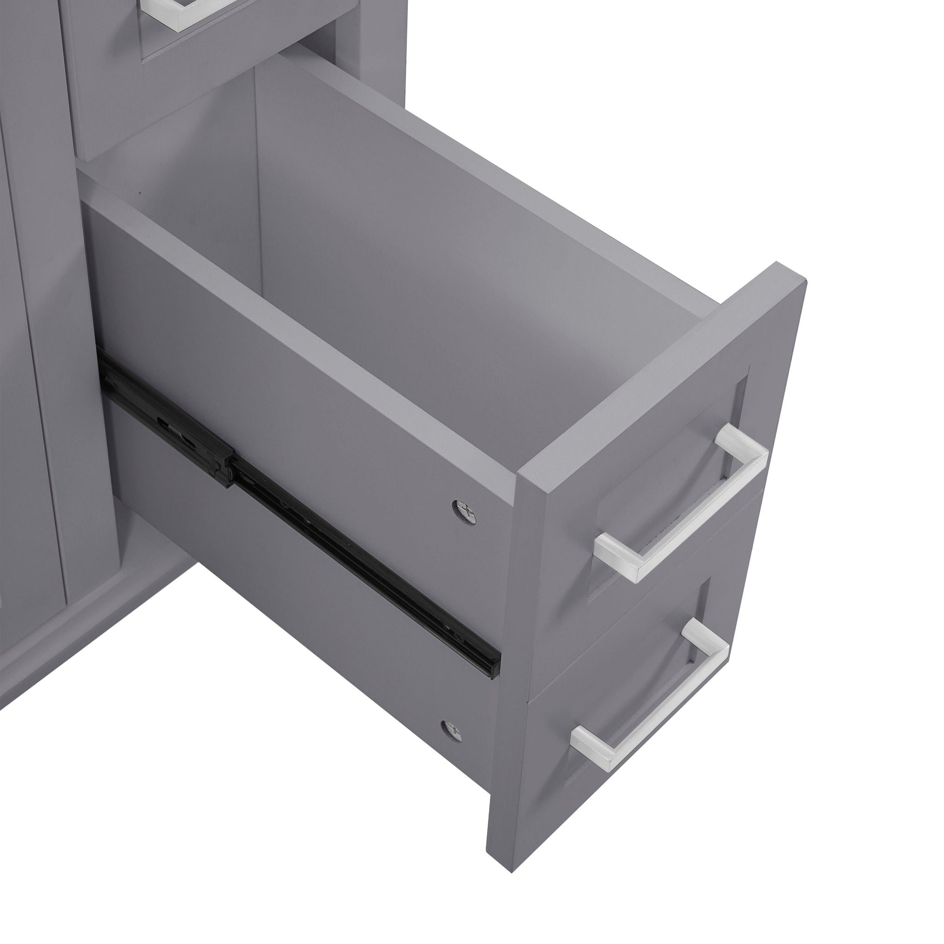 Modern gray bathroom vanity with sink, storage cabinet and deep & standard drawers on Tampa Home & Garden Store