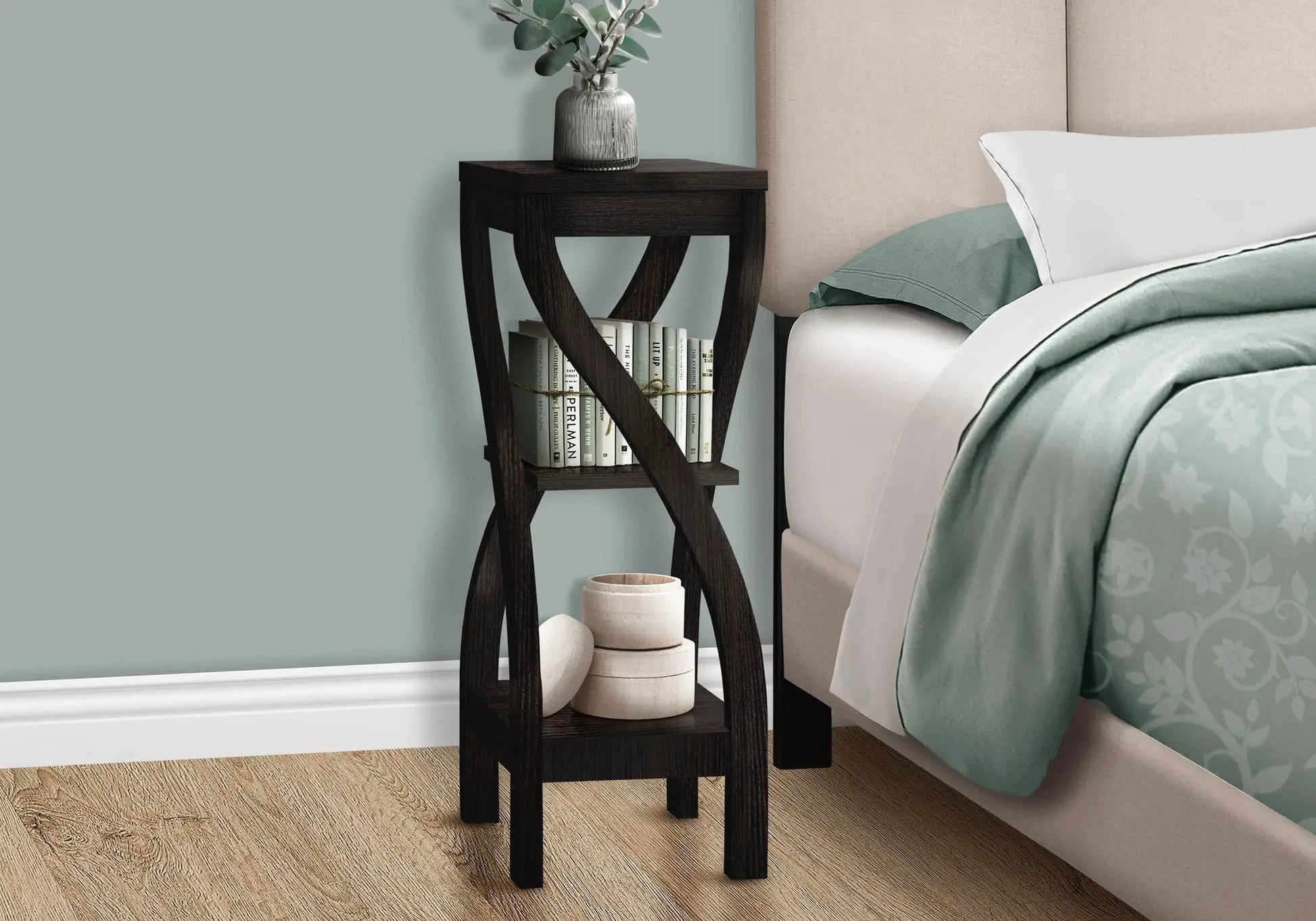 Accent table Unique Piece Furniture dark wood square top with curved legs; vase and books on Tampa Home & Garden Store