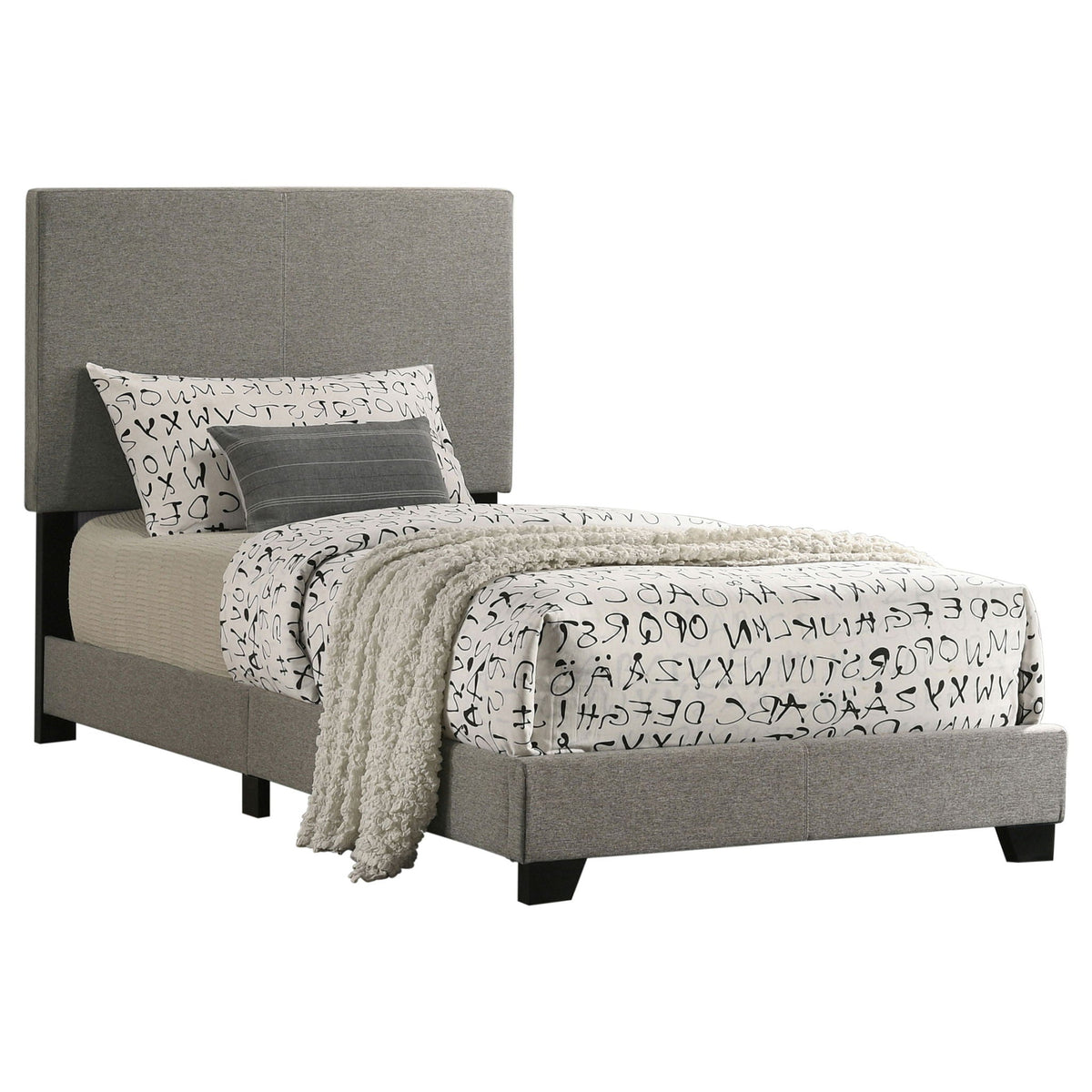 Efram Panel Bed upholstered gray platform bed by HouseOfZazla with lettered bedding on Tampa Home & Garden Store