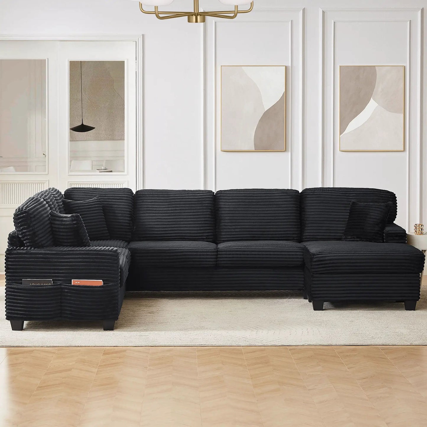 U-shaped black upholstered sectional sofa with movable ottoman and side pockets, 2-piece set on Tampa Home & Garden Store