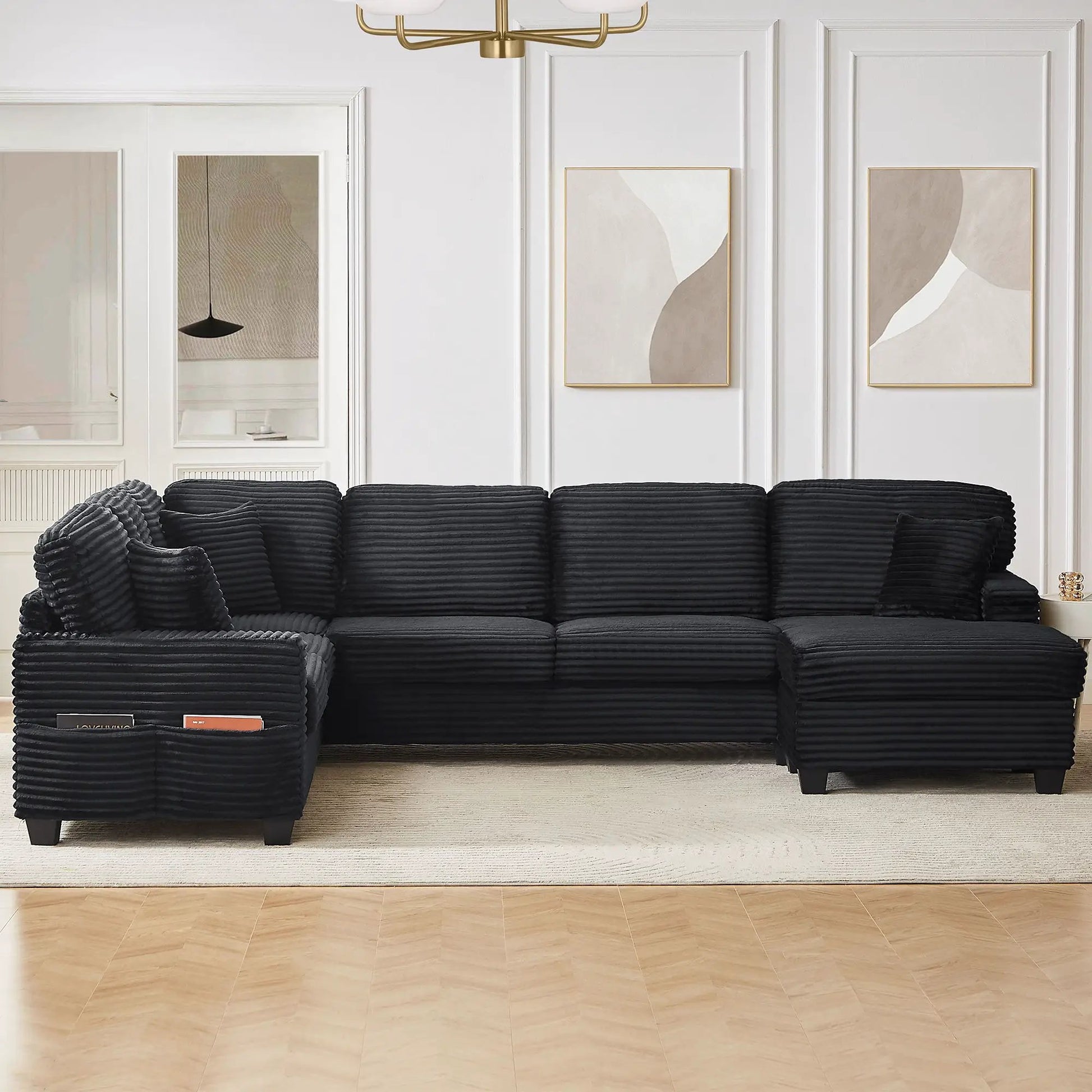 U-shaped black upholstered sectional sofa with movable ottoman and side pockets, 2-piece set on Tampa Home & Garden Store