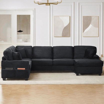 U-shaped black upholstered sectional sofa with movable ottoman and side pockets, 2-piece set on Tampa Home & Garden Store