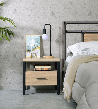 Oak finish nightstand with 1 drawer and open shelf, black metal frame, HouseOfZazla on Tampa Home & Garden Store