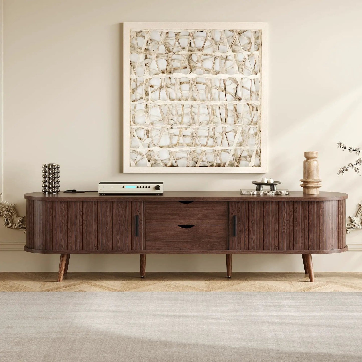 TV Stand for 70-inch TV dark brown wood with tambour doors and drawers built-in power outlet on Tampa Home & Garden Store