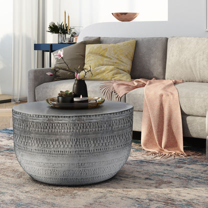 Handcrafted metal coffee table with textured detailing in silver, round hammered on Tampa Home & Garden Store