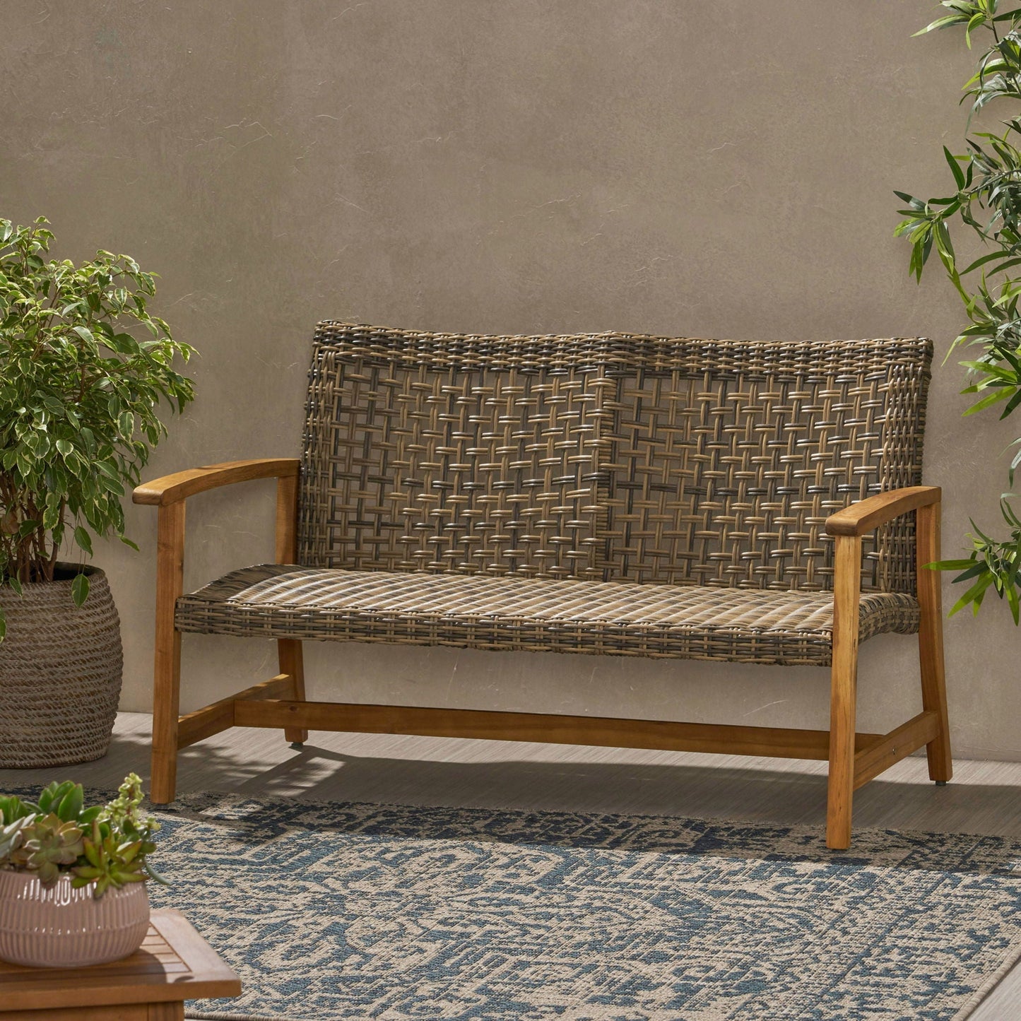 Outdoor Rattan Loveseat and Acacia Wood Frame