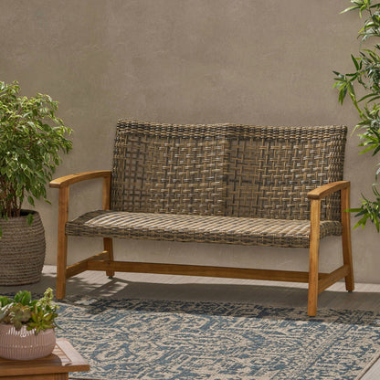 Outdoor Rattan Loveseat and Acacia Wood Frame