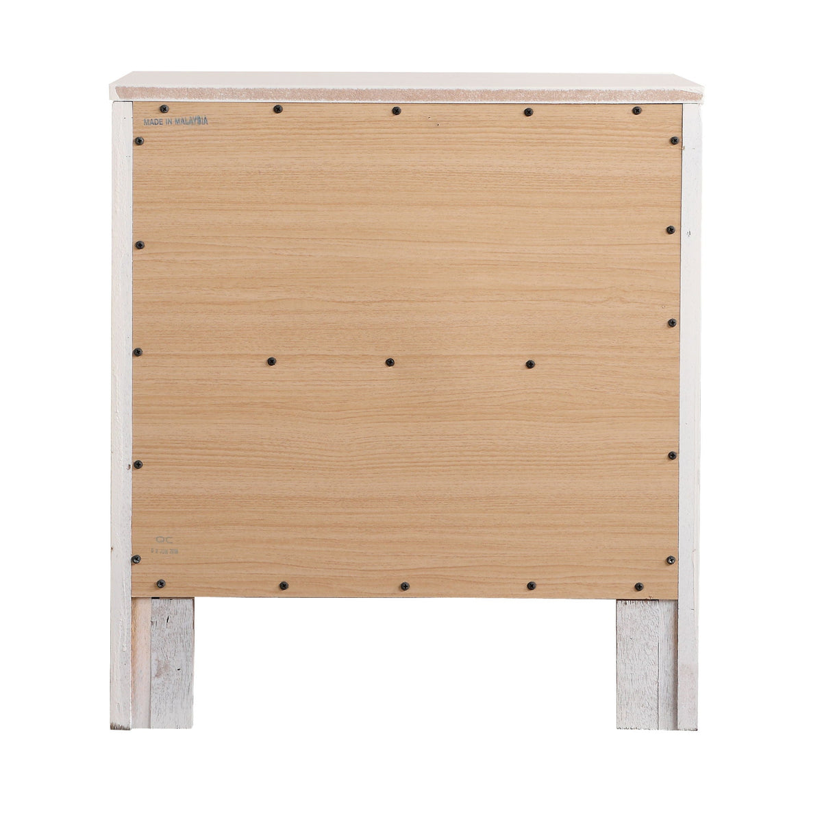 Charming nightstand with natural wood veneer, white trim, visible screws on Tampa Home & Garden Store