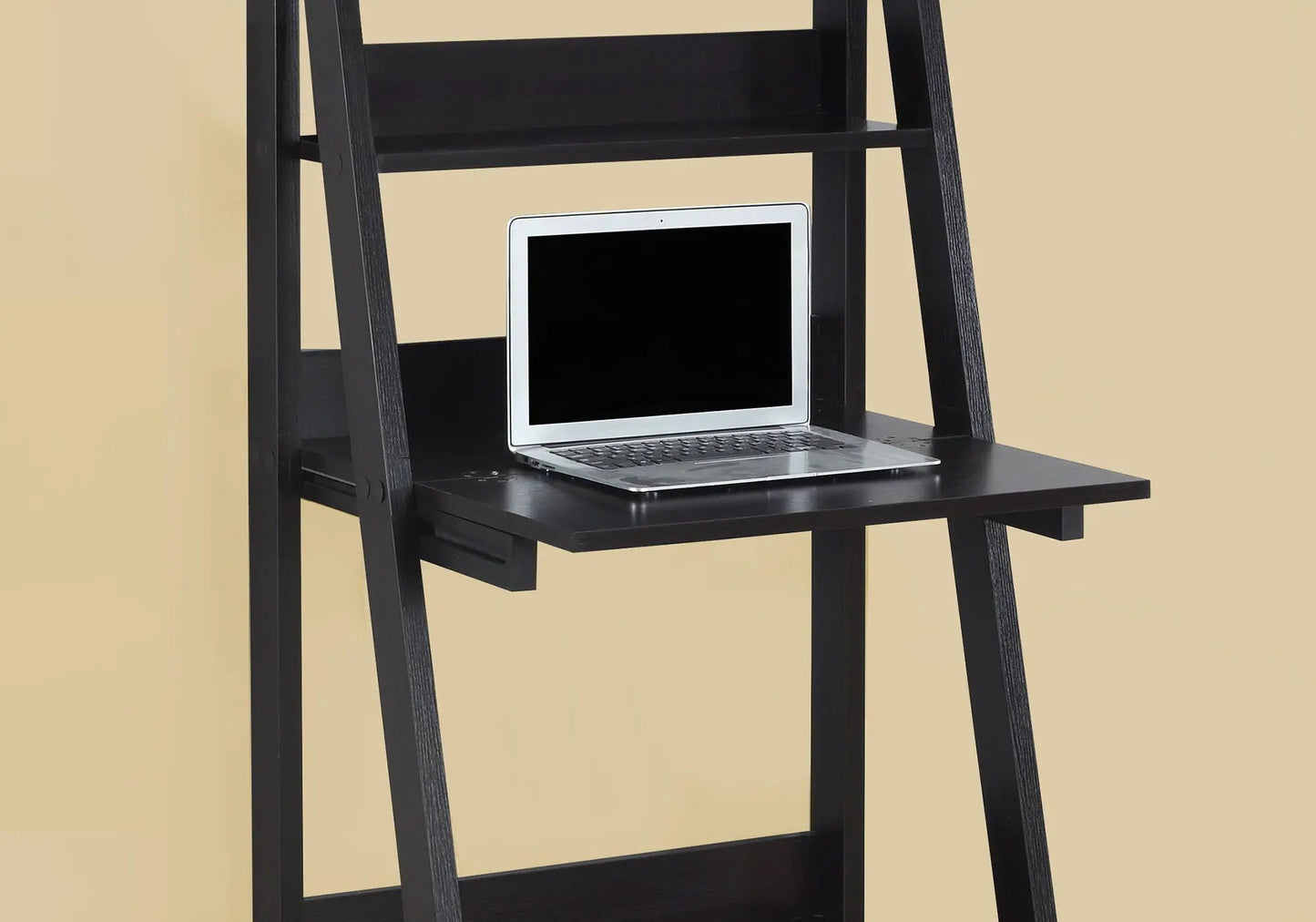 Computer desk for home office with lean black frame and storage shelves, laptop on lower shelf on Tampa Home & Garden Store