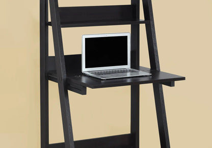 Computer desk for home office with lean black frame and storage shelves, laptop on lower shelf on Tampa Home & Garden Store