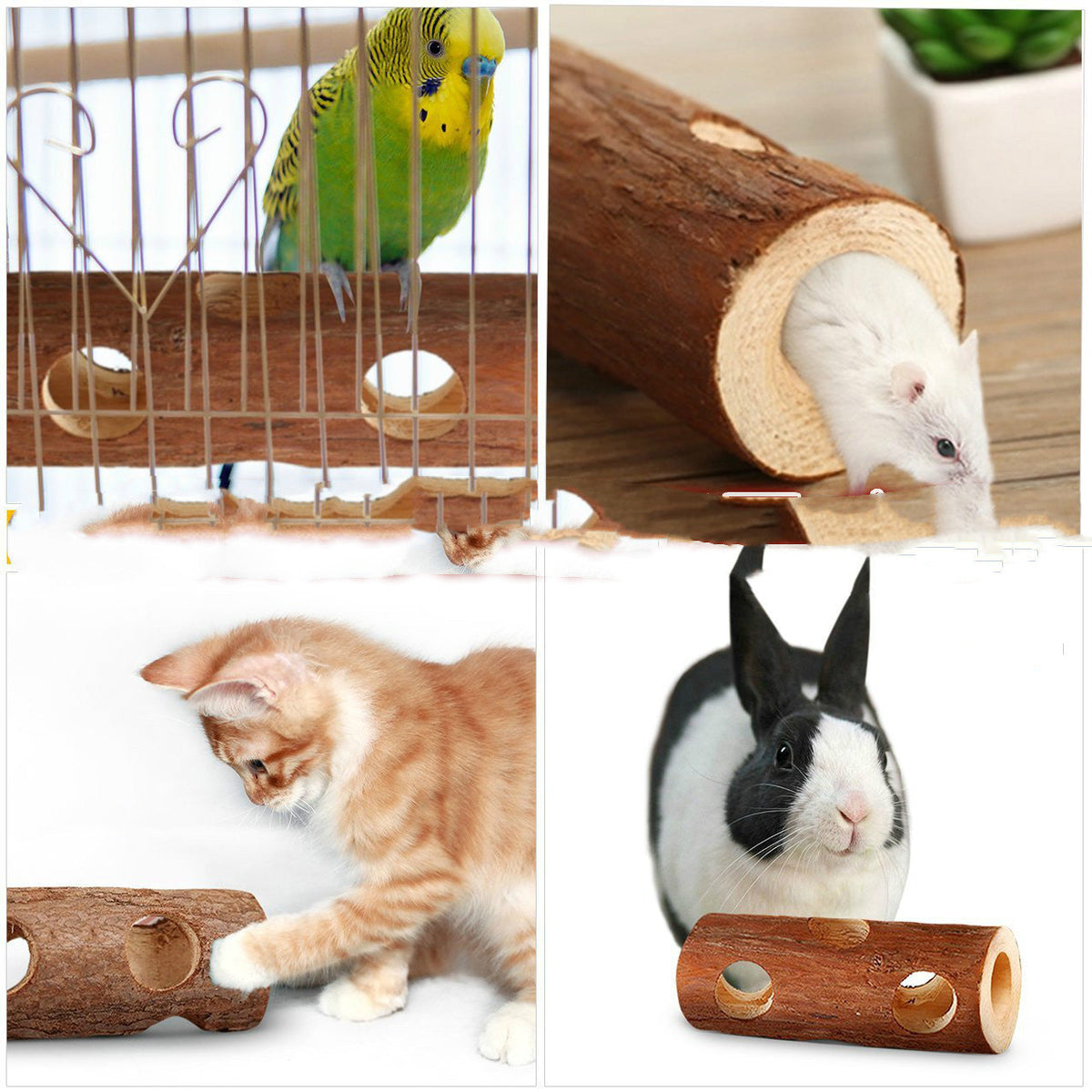 Solid natural wood pipe toy with bird platform, hamster log, cat and rabbit tubes, 4 animals on Tampa Home & Garden Store