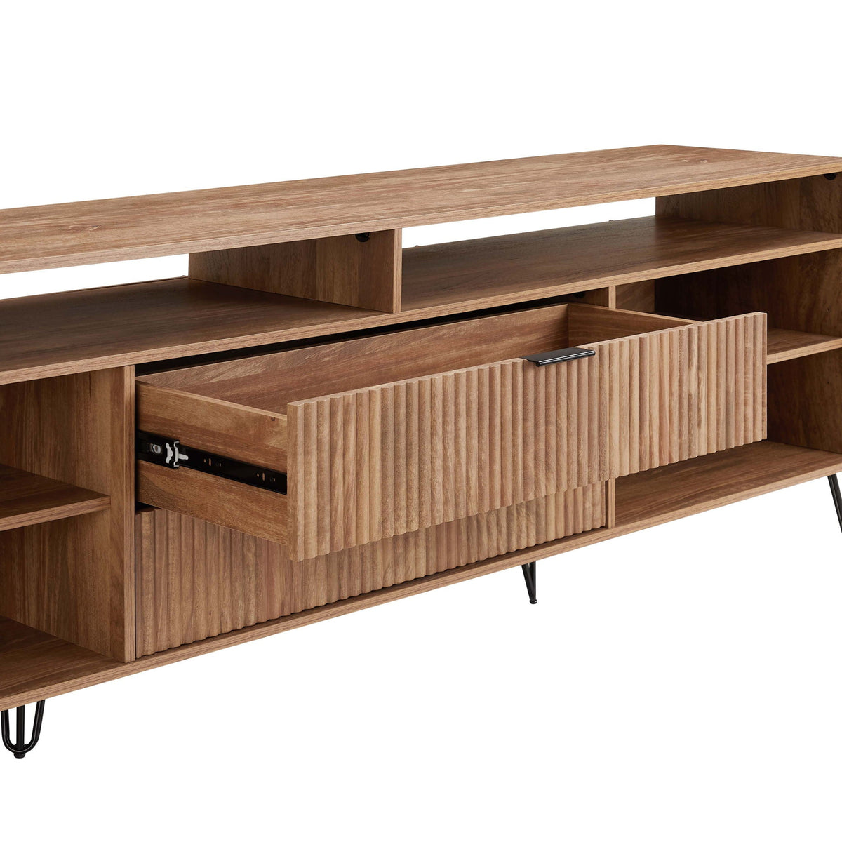 Fluted wood TV stand with storage, oak finish and black metal legs on Tampa Home & Garden Store