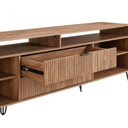 Fluted wood TV stand with storage, oak finish and black metal legs on Tampa Home & Garden Store