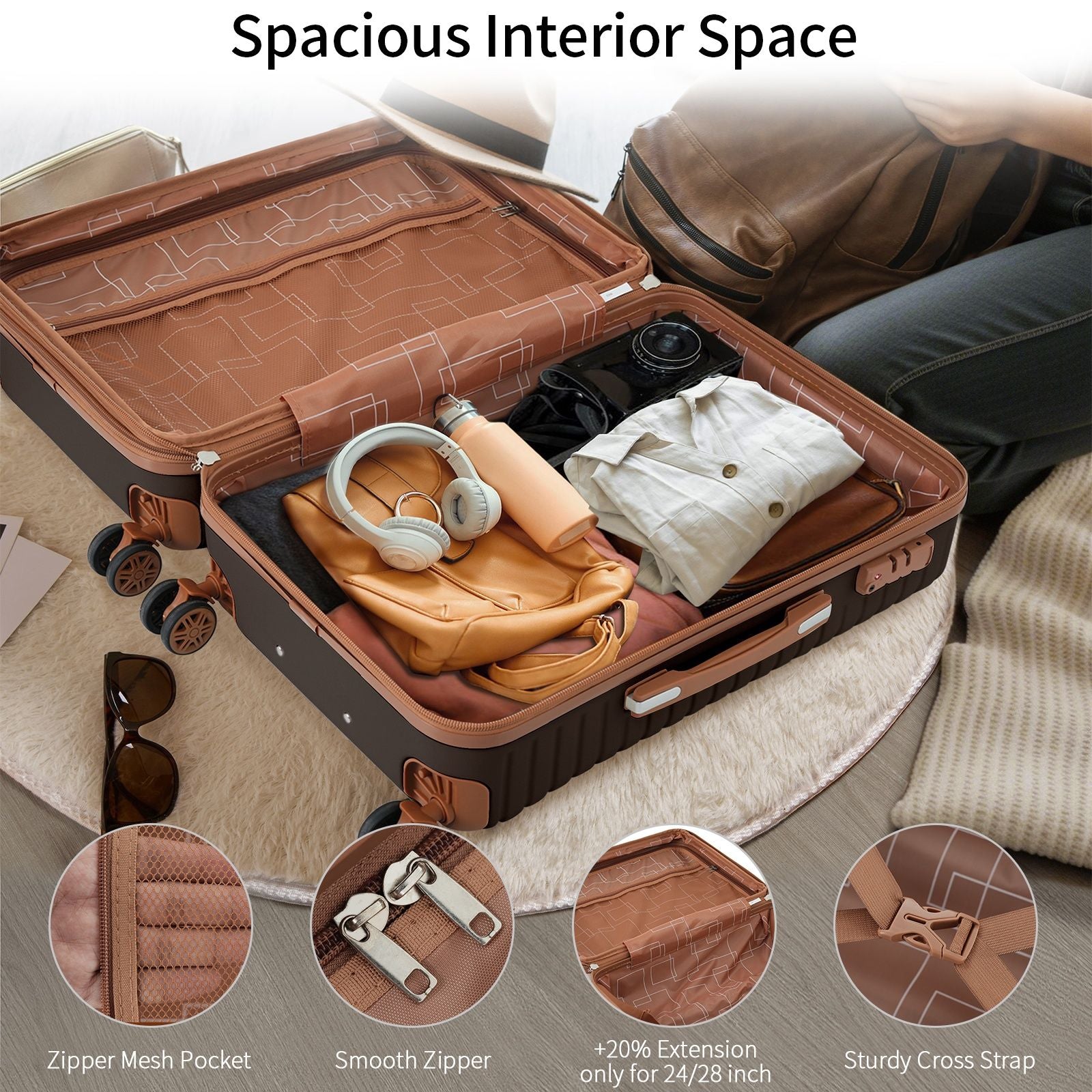 HouseOfZazla coffee 4-Piece ABS luggage set with 4 packing cubes, TSA lock, spinner wheels on Tampa Home & Garden Store