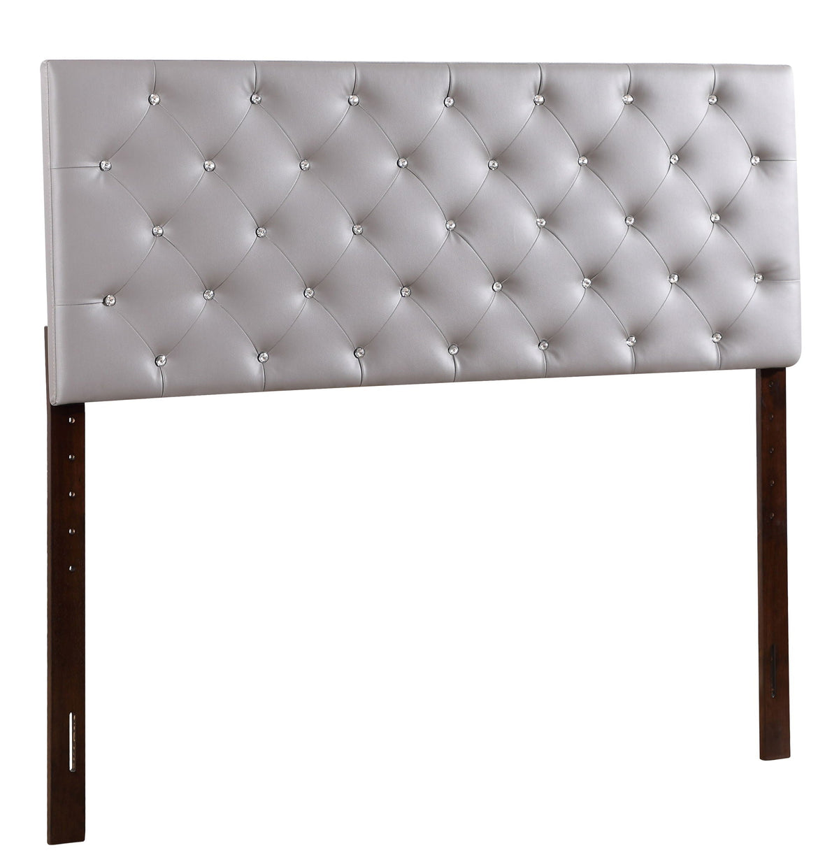 Upholstered headboard with diamond tufting in gray faux leather and crystal buttons; wooden legs on Tampa Home & Garden Store