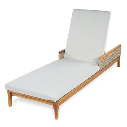Solid acacia wood sun lounger by HouseOfZazla with grey cushions and light grey wicker on Tampa Home & Garden Store