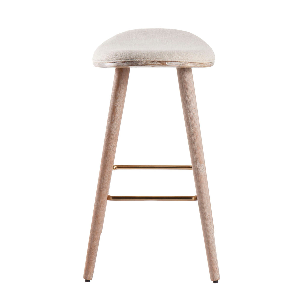 Beige upholstered curved counter stool with natural wood legs and copper footrest on Tampa Home & Garden Store