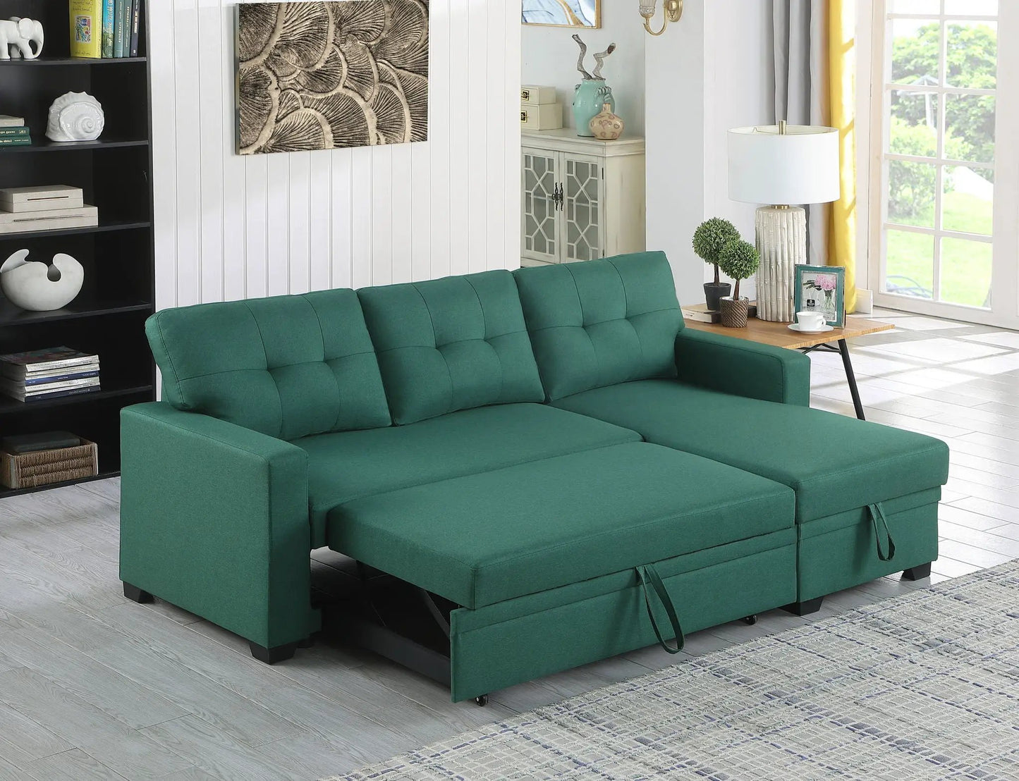 Upholstered pull-out sleeper sectional with chaise in teal fabric, Unique Piece Furniture on Tampa Home & Garden Store