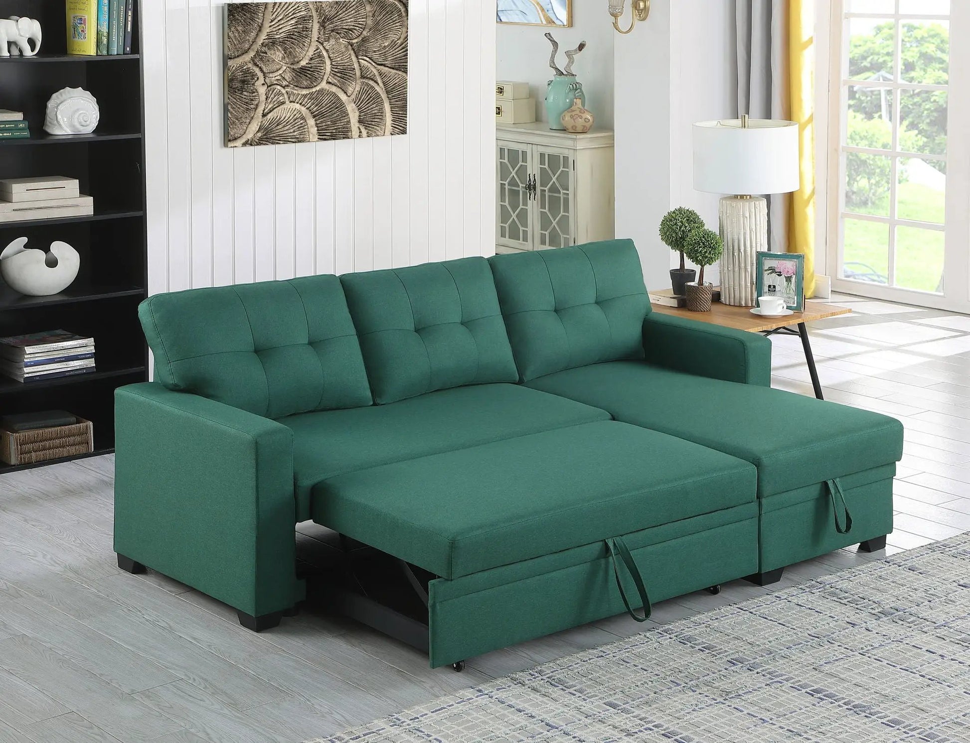 Upholstered pull-out sleeper sectional with chaise in teal fabric, Unique Piece Furniture on Tampa Home & Garden Store