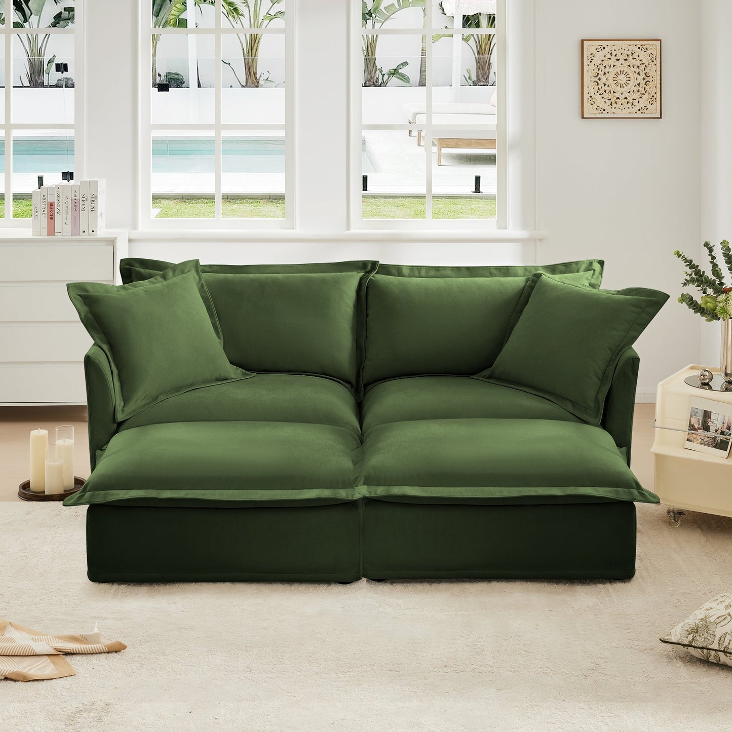 Chenille Slipcovered Sofa and 2 Cozy Ottomans