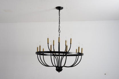 18-Light industrial iron chandelier in black with gold candle sleeves on Tampa Home & Garden Store